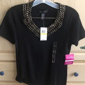 Cable & Gauge Black Short Sleeve Top with Chain-Link Trim
